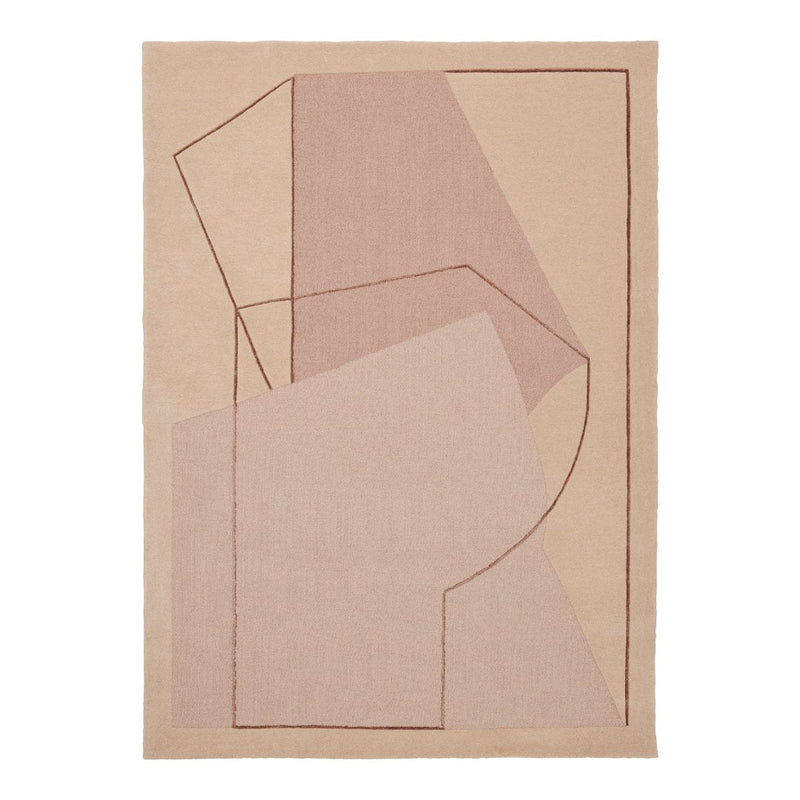 Abstract geometric rug featuring soft pink and beige tones with minimalist line detailing. Perfect for modern decor.