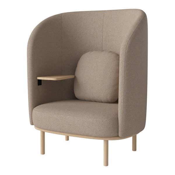 Beige upholstered chair with a smooth texture and minimalist design, featuring a round seat and wooden legs.