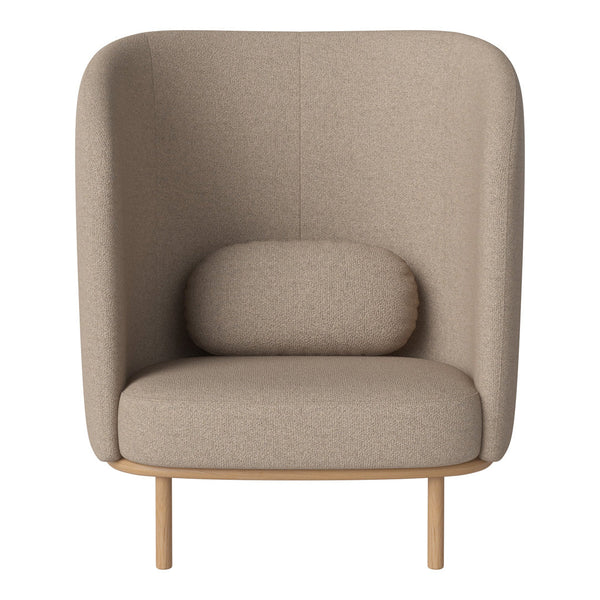 Beige upholstered armchair with a rounded back and wooden legs, featuring a minimalist design.