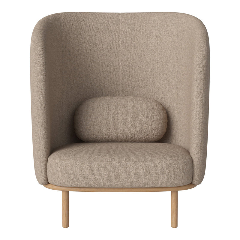 Beige upholstered armchair with a rounded back and wooden legs, featuring a minimalist design.
