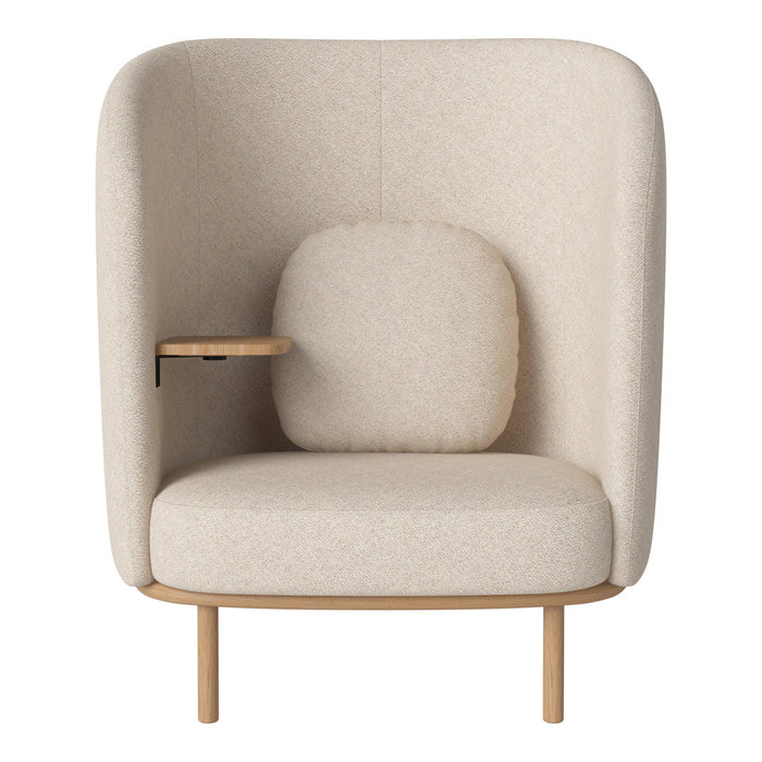 Beige upholstered armchair with a minimalist design, featuring smooth lines and a soft, textured finish.