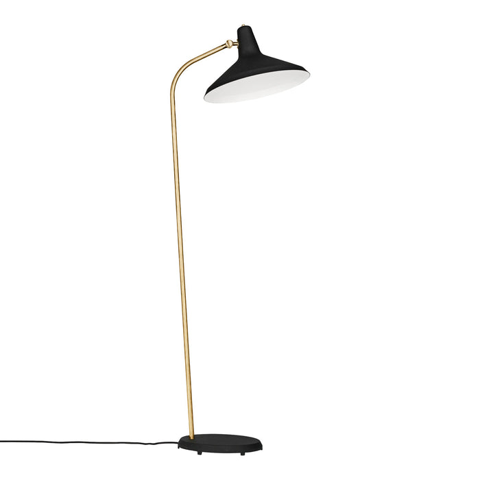 Sleek black and white floor lamp with a gold metal frame, featuring a minimalist design and modern aesthetic.