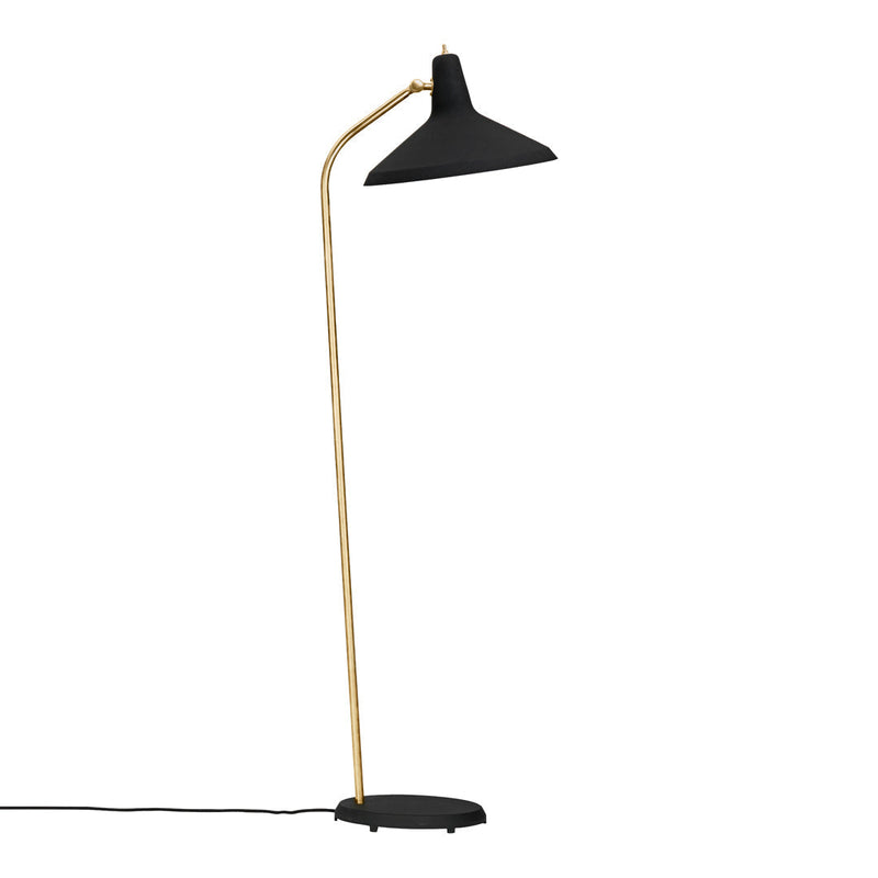 Black and gold modern floor lamp with a sleek, minimal design and clean lines. Perfect for contemporary decor.