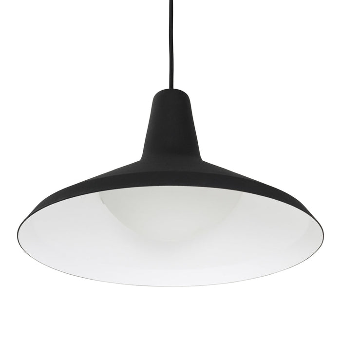 Matte black pendant light with a smooth white interior, featuring a minimalist design and modern aesthetic.