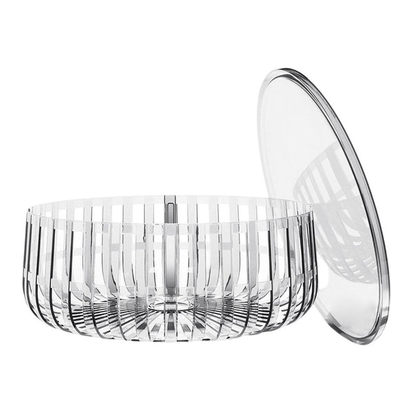 Clear glass bowl with elegant vertical stripes and a matching lid, showcasing a modern, minimalist design.