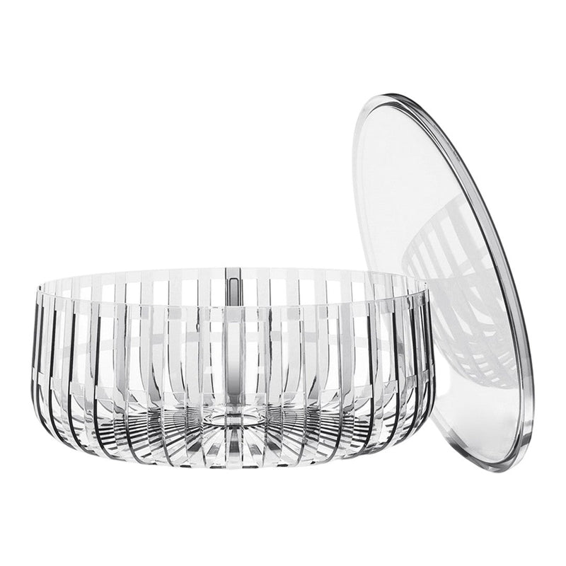 Clear glass bowl with elegant vertical stripes and a matching lid, showcasing a modern, minimalist design.