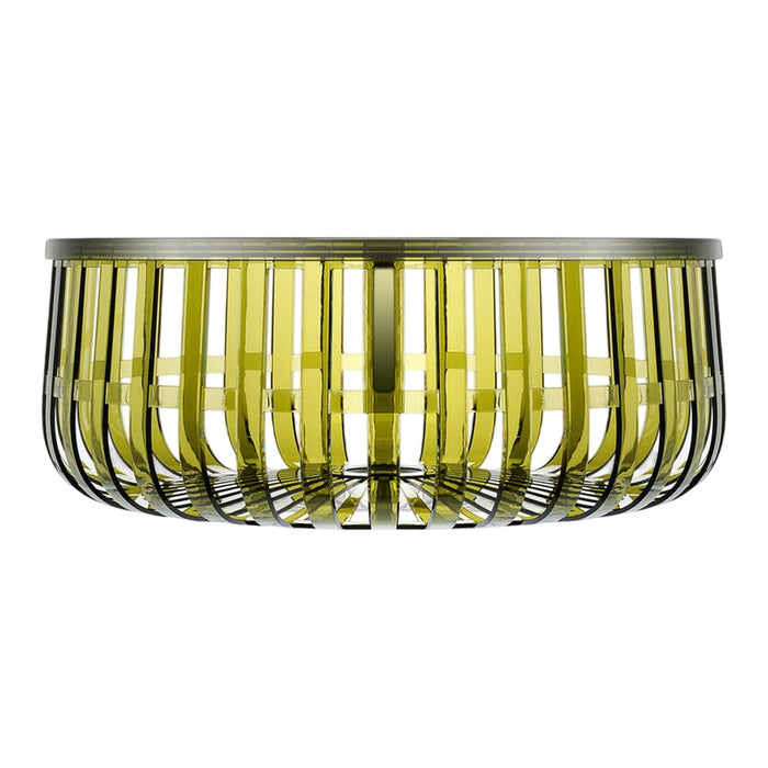 Yellow and transparent glass bowl with a sleek, modern striped design and metallic accents.