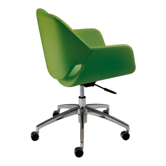 Green upholstered office chair with a textured pattern and a chrome base, designed for modern workspaces.