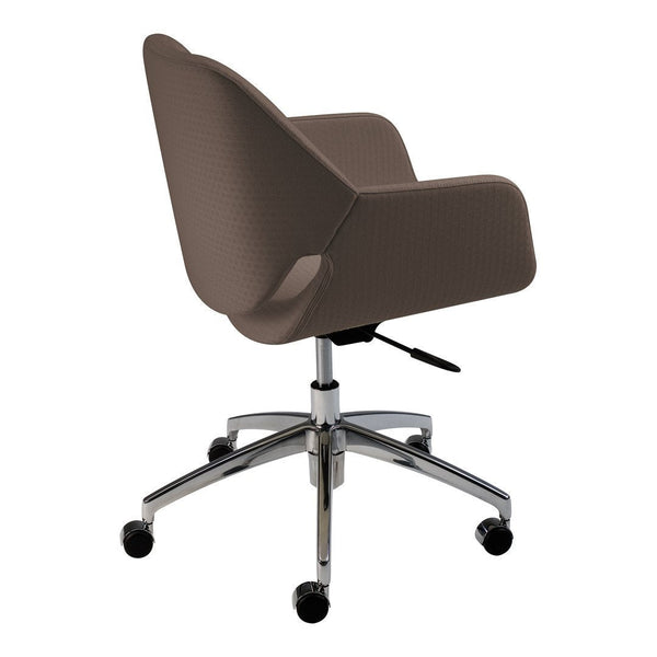 Brown upholstered swivel chair with a modern design and chrome base. Features a sleek, minimalistic pattern.