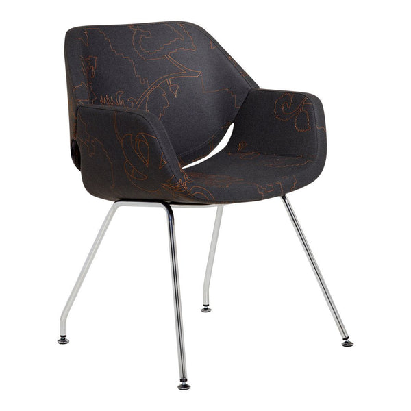 Black chair with intricate orange patterns, featuring sleek metal legs for a modern touch.