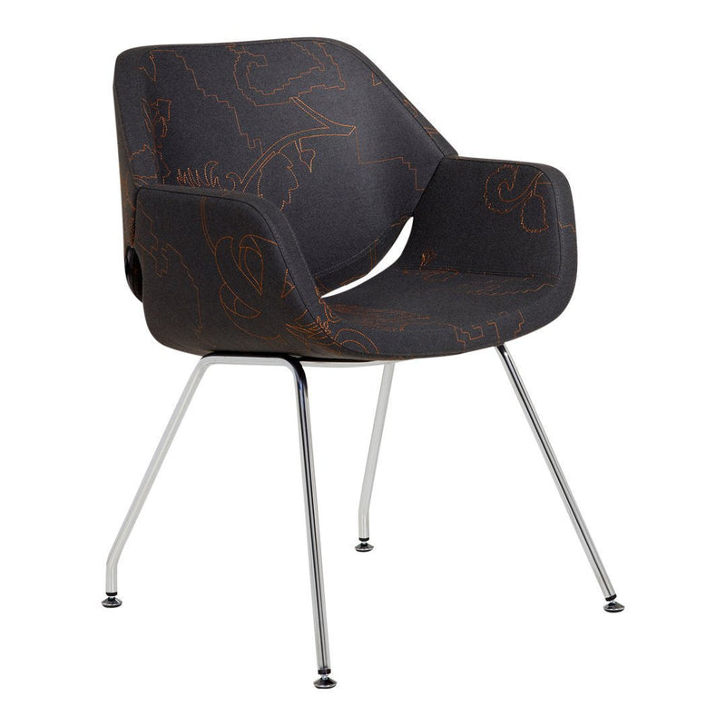 Black chair with intricate orange patterns, featuring sleek metal legs for a modern touch.