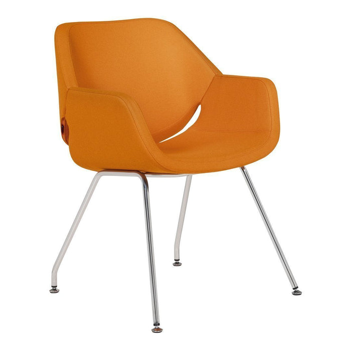 Vibrant orange chair with sleek, modern design and chrome legs, perfect for adding a pop of color to any space.