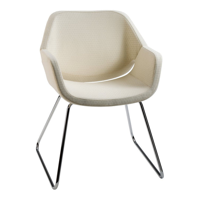 Light beige modern chair with a minimalist design and smooth fabric, complemented by sleek chrome legs.