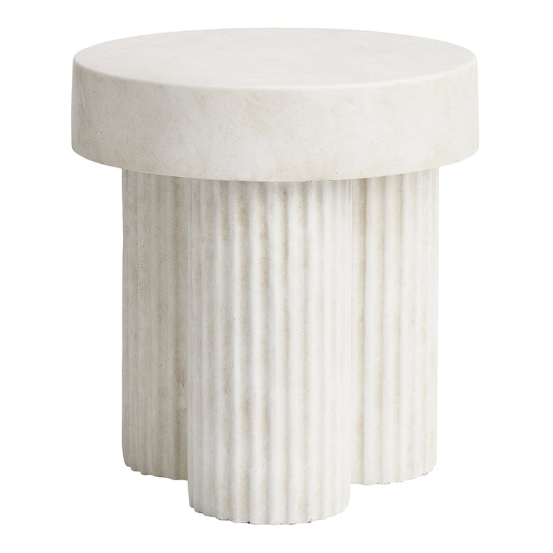 Round white side table with ribbed texture and smooth finish, perfect for modern decor.
