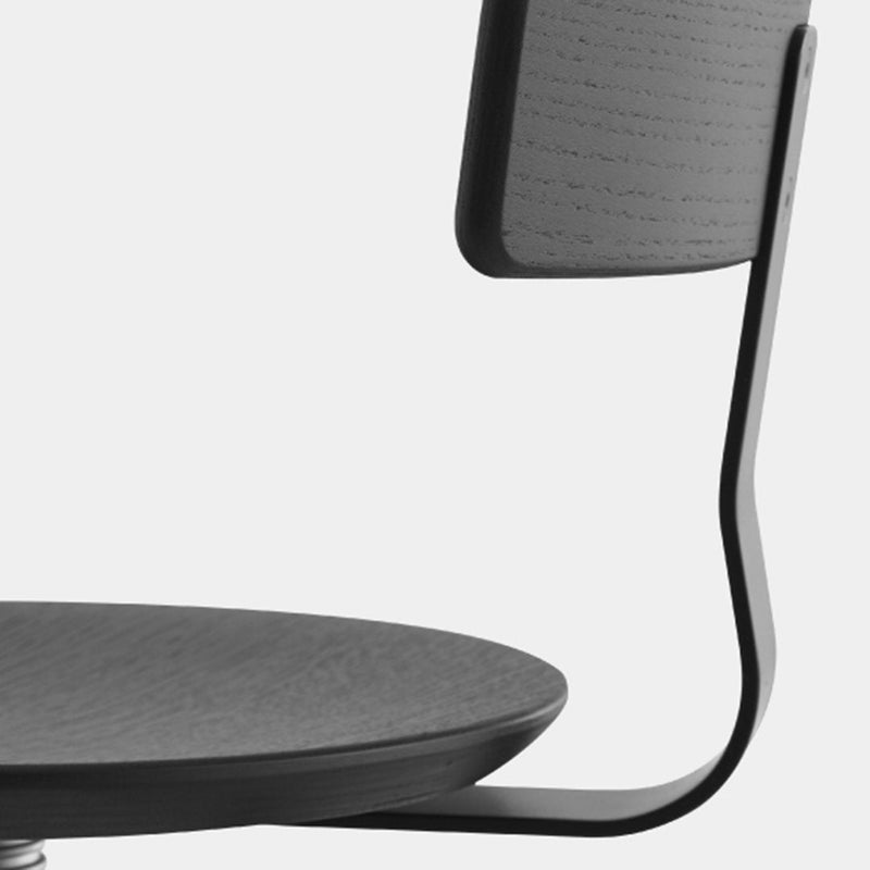 Sleek black chair with a smooth wood-patterned seat and a minimalist, modern design.