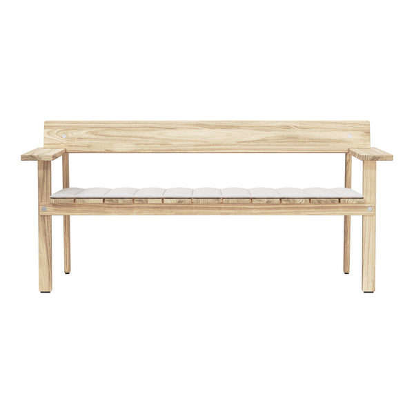 Natural wood bench with a light finish and horizontal slat seating. Simple and modern design.