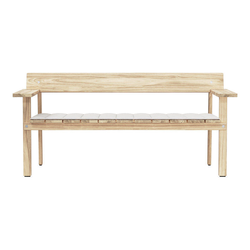 Natural wood bench with a light finish and horizontal slat seating. Simple and modern design.