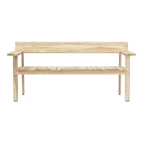 Natural wood bench with a light, honey-toned finish and simple slatted design, ideal for outdoor settings.