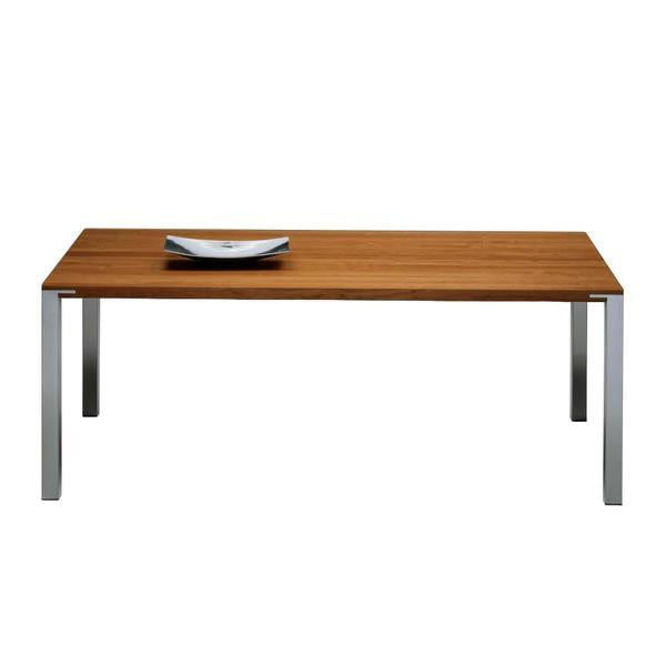 Wooden tabletop with a rich brown finish and sleek silver metal legs, showcasing a modern, minimalist design.