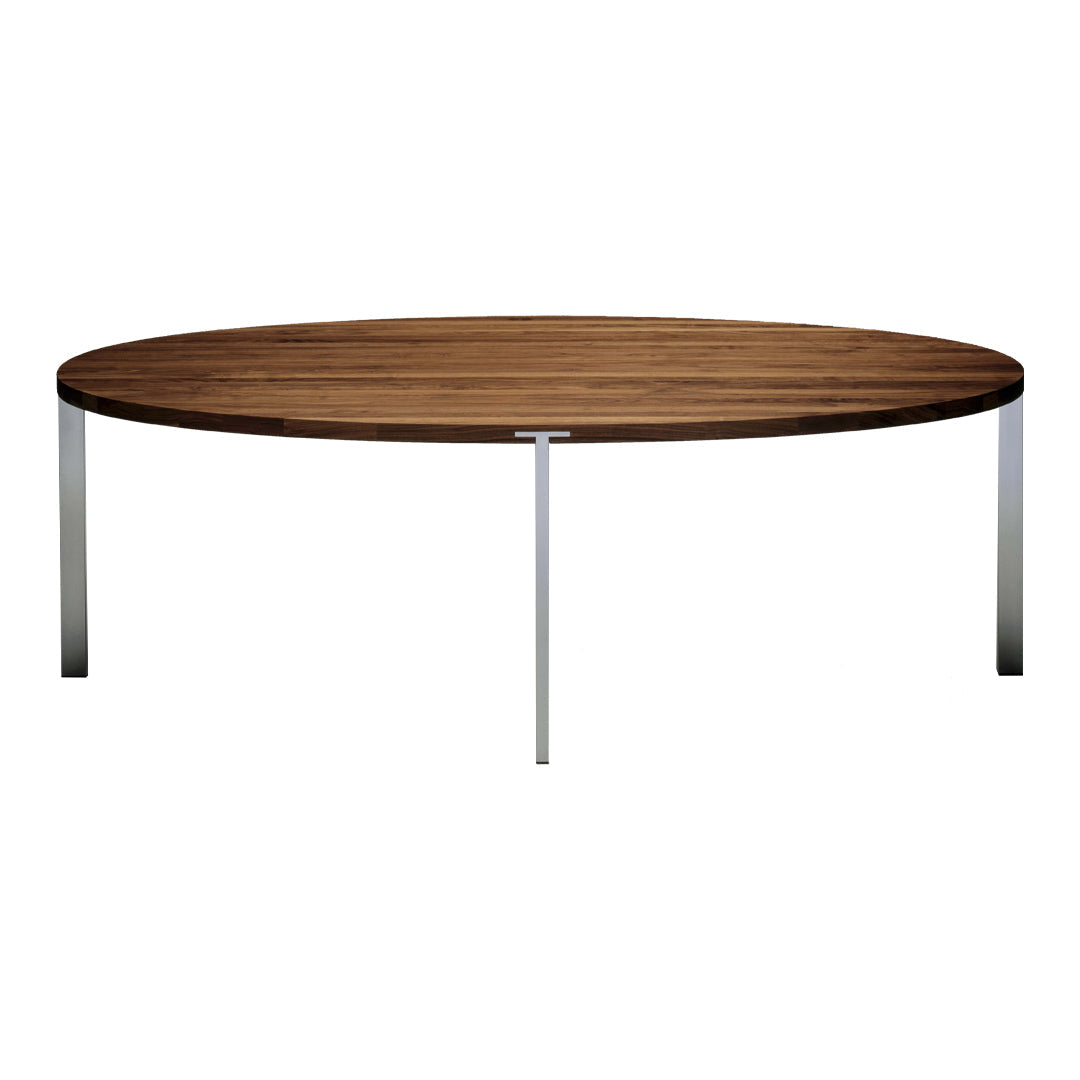 Oval coffee table featuring a rich walnut wood finish and sleek chrome legs, creating a modern contrast.