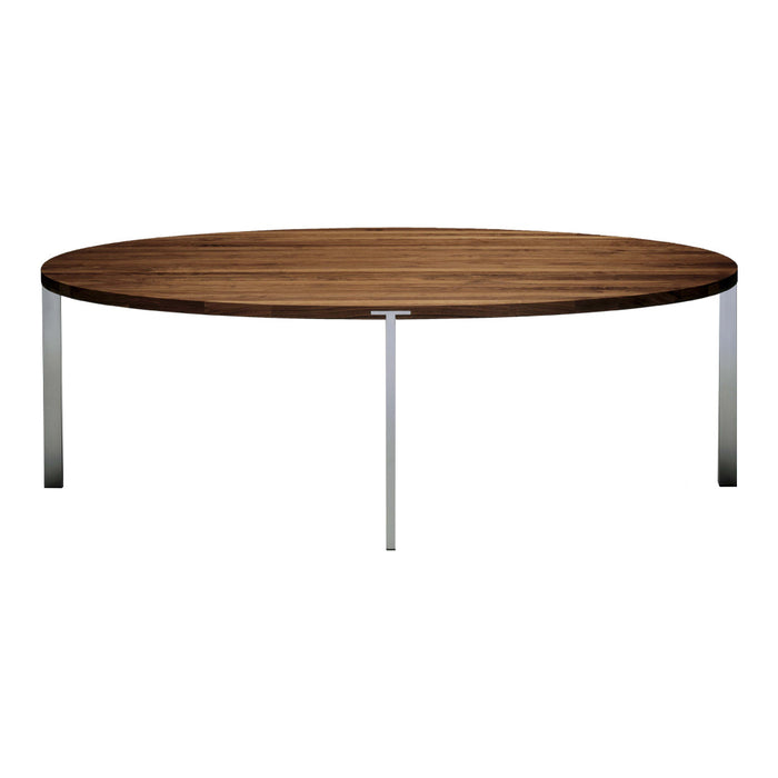 Oval coffee table featuring a rich walnut wood finish and sleek chrome legs, creating a modern contrast.