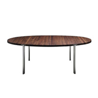 "Elegant oval dining table with a rich dark wood grain and sleek silver metal legs."