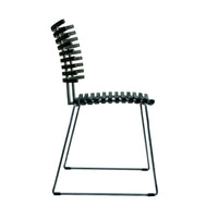 Modern black chair with a unique slatted back design and minimalist wire frame, adding contemporary style to any space.