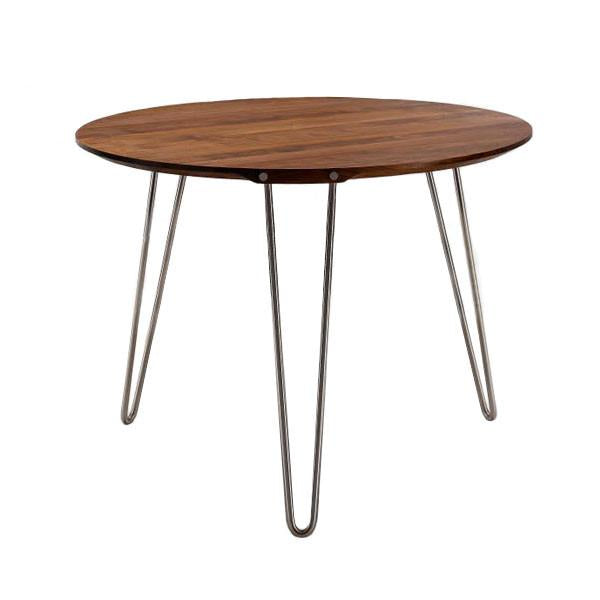Round wooden table with a natural wood finish and sleek, silver metal legs. Perfect for any modern decor.