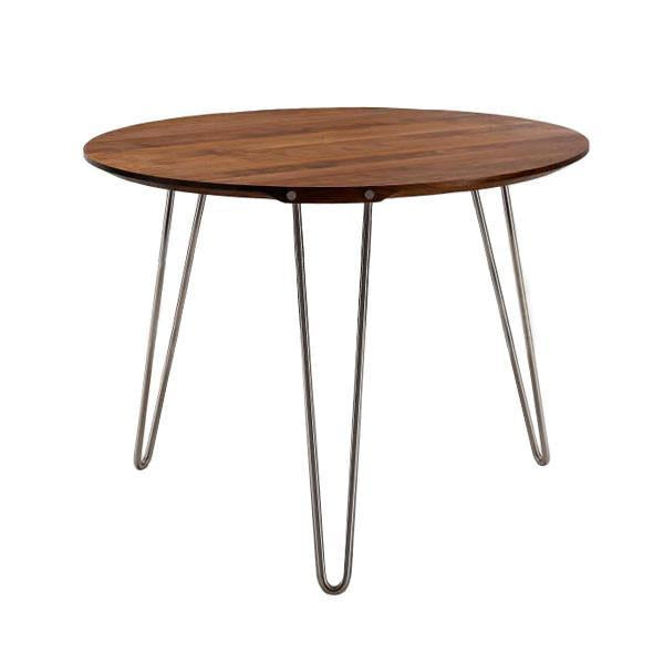 Round wooden side table with a rich brown finish and sleek metal legs for a modern touch. Perfect for any decor.