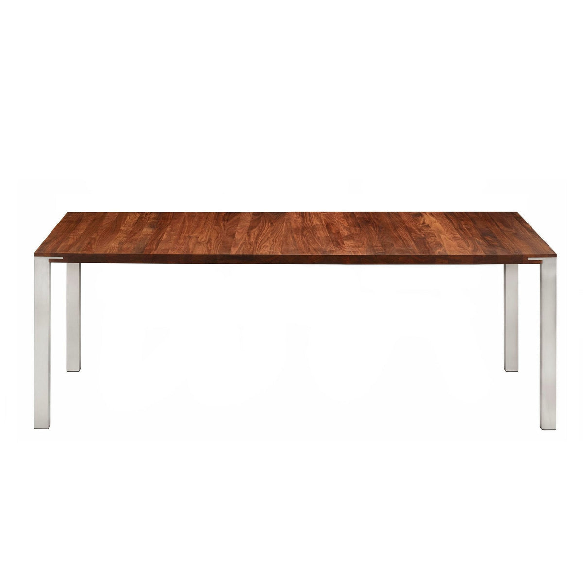 Wooden table with a rich brown finish and sleek silver metal legs. Minimalist design with a smooth surface.