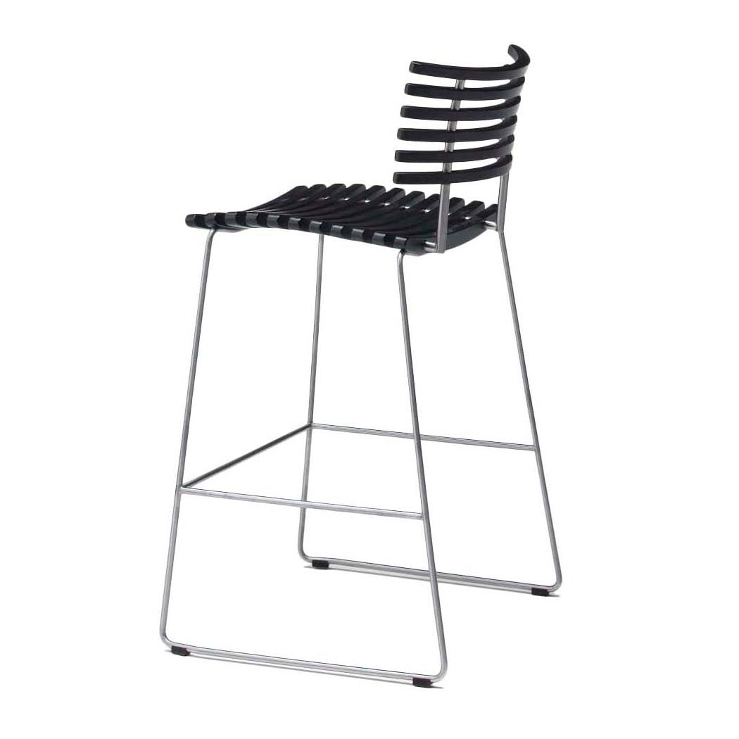 Black striped bar stool with a sleek metal frame, featuring a modern and minimalist design.