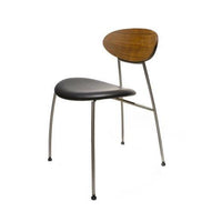 Mid-century modern chair featuring a dark gray seat and warm wood backrest with sleek metal legs.
