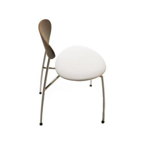 Modern chair with a white seat, natural wood back, and sleek metal legs, showcasing a minimalist design.