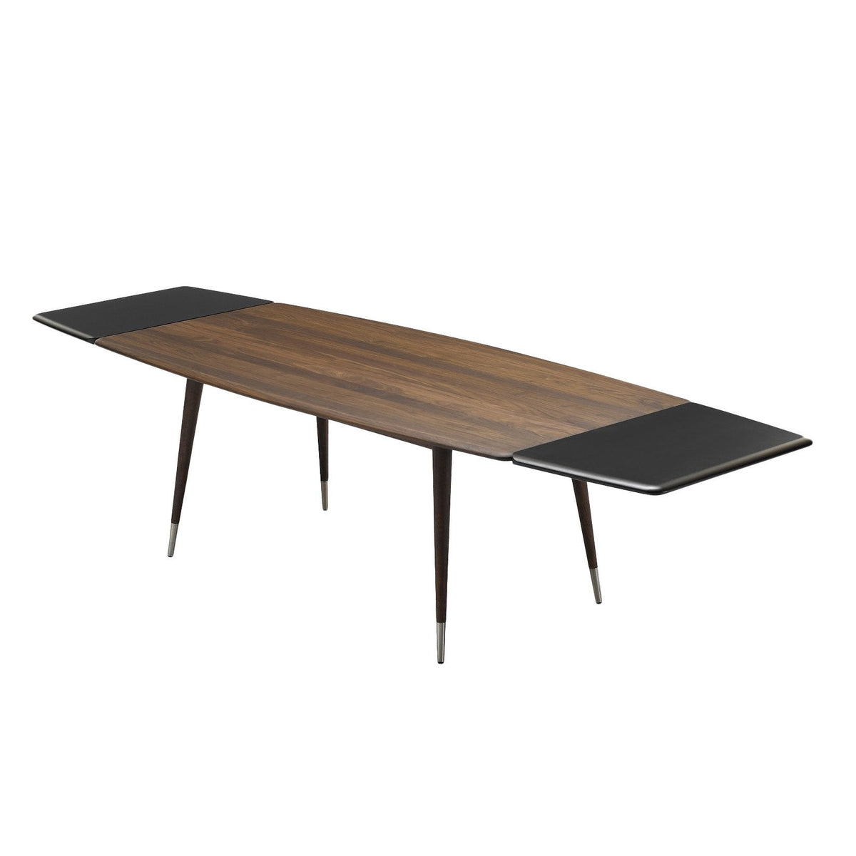 Mid-century modern wooden dining table in deep walnut with sleek black accents and tapered legs. Elegant and stylish design.