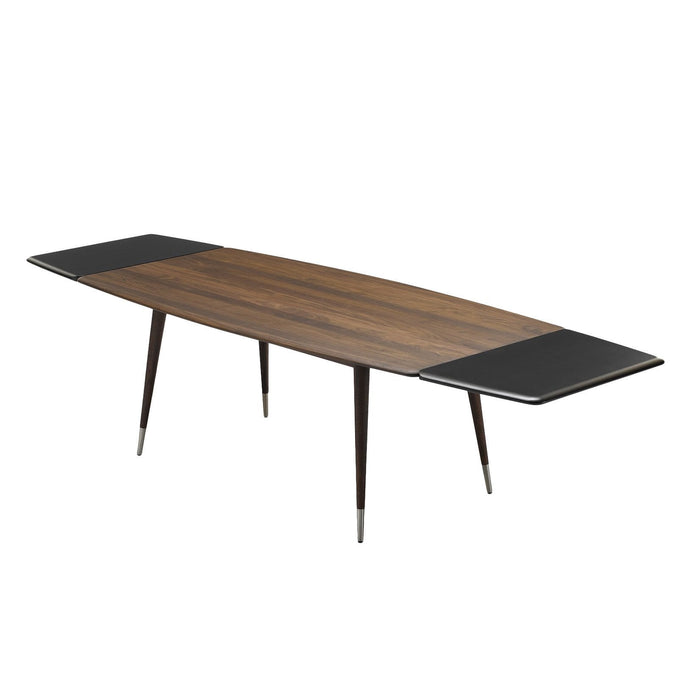 Mid-century modern wooden dining table in deep walnut with sleek black accents and tapered legs. Elegant and stylish design.