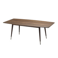 Mid-century modern wooden dining table in dark walnut finish with sleek, tapered legs.