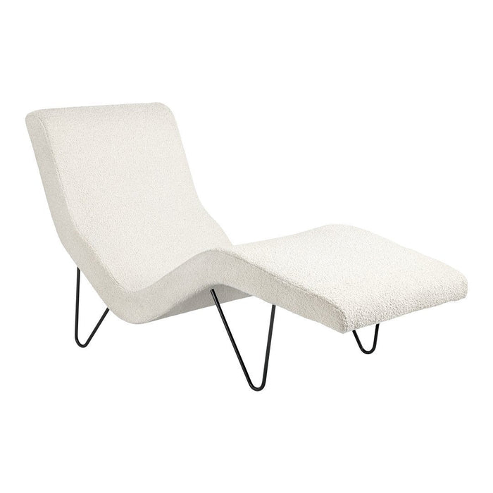 White textured lounging chair with smooth curves and minimalist black metal legs, perfect for modern decor.