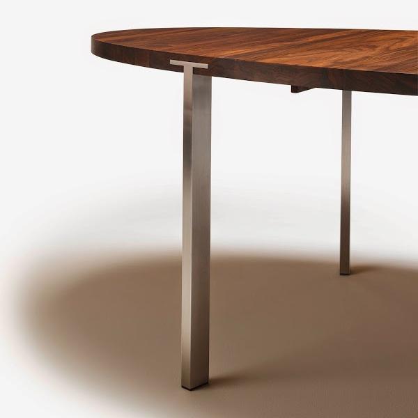 Stylish wooden table with a rich brown finish and sleek metal legs, featuring a smooth, modern design.