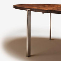 Stylish wooden table with a rich brown finish and sleek metal legs, featuring a smooth, modern design.