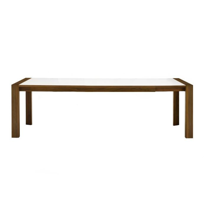 Rectangular dining table featuring a white top and rich brown wooden legs, showcasing a modern, minimalist design.