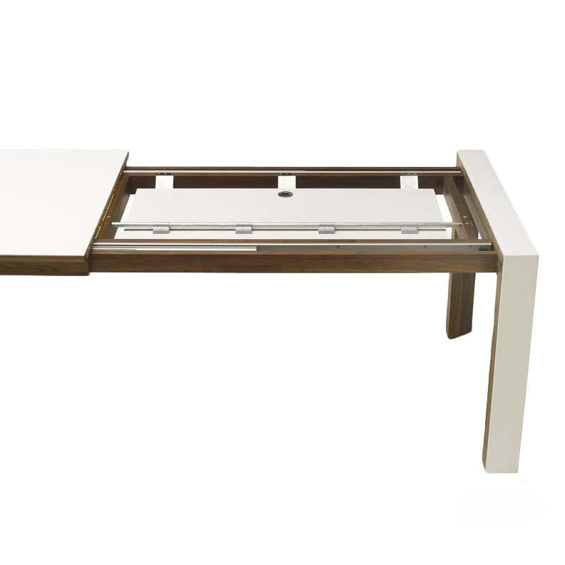 White contemporary table with a sleek design, featuring a brown metal frame and smooth, glossy surface.