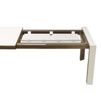 White contemporary table with a sleek design, featuring a brown metal frame and smooth, glossy surface.