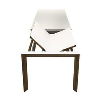 Modern white tabletop with angled design, complemented by a sleek dark wood frame. Stylish and minimalist.