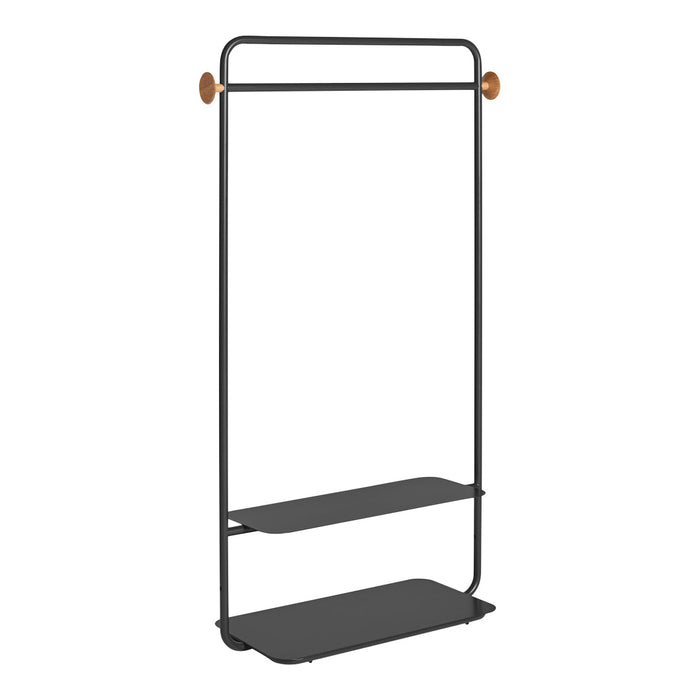 Modern black metal clothing rack with two sleek, matte shelves and stylish wooden accents.