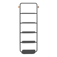 Modern five-tier shelving unit in matte black with sleek, minimalist design and copper accents. Perfect for stylish storage.
