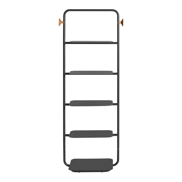 Modern five-tier shelving unit in matte black with sleek, minimalist design and copper accents. Perfect for stylish storage.