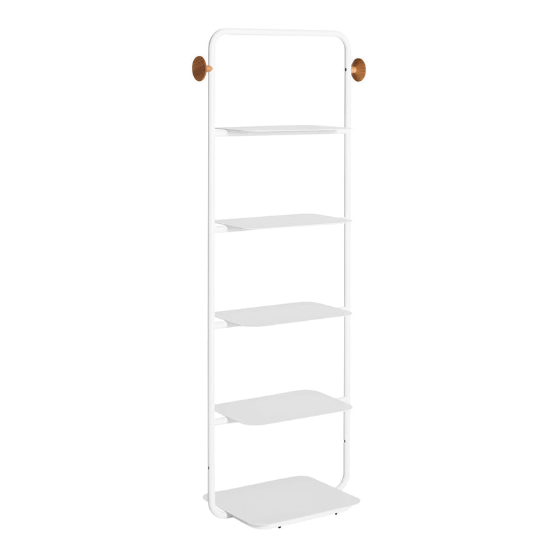 White metal shelving unit with sleek, modern design and warm wooden accents. Features five spacious, open shelves.