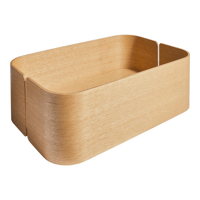 Natural light wood storage box with a sleek, curved design, showcasing a smooth grain pattern. Perfect for organizing.