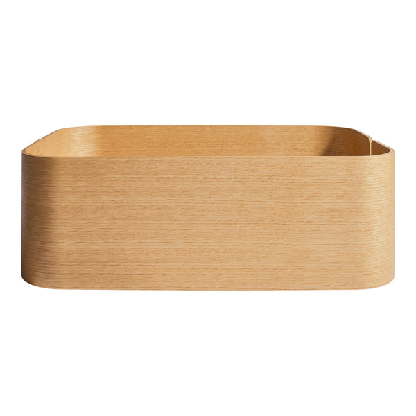 Natural wood tone rectangular basket with smooth, rounded edges, showcasing a minimalistic, clean design.