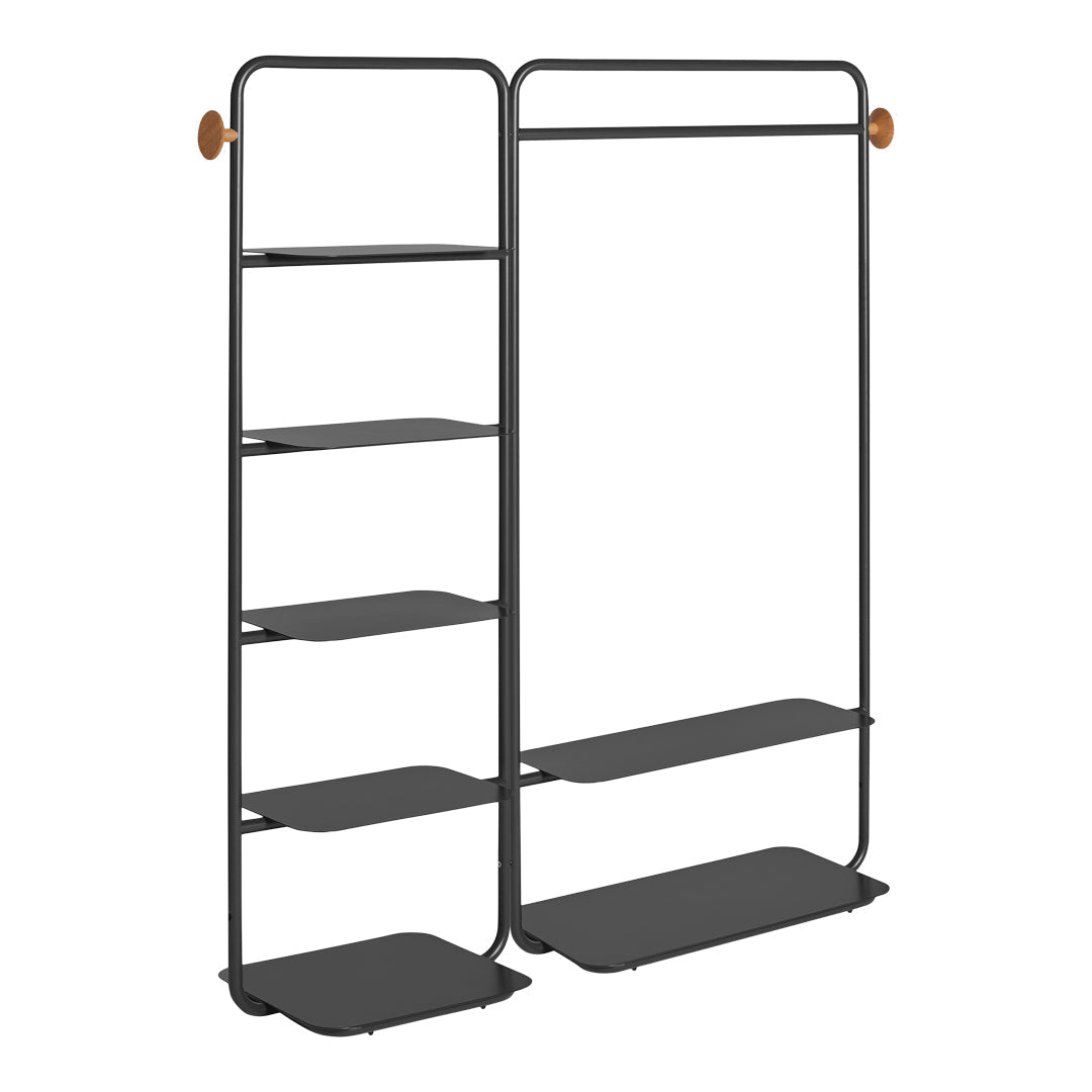 Black metal shelving unit with smooth, minimalist lines and wooden accents for a modern touch.